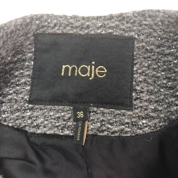 Maje Moto Jacket size 2 Leather Sleeve Silver Metallic Black Remeur Wool tweed - Picture 4 of 10